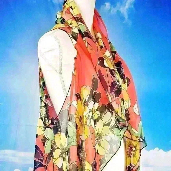 ORANGE FLORAL Beach Cover Sheer Open front Long Shawl LIGHTWEIGH Shrug One Size - Picture 2 of 14